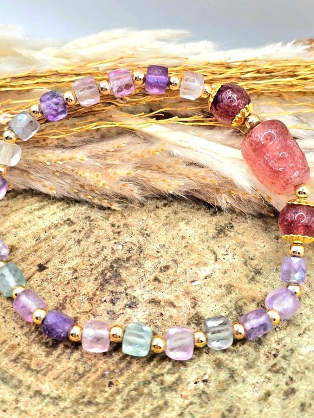 Nature Mixed Colors Fluorite Strawberry Quartz Pi Xiu Bracelet